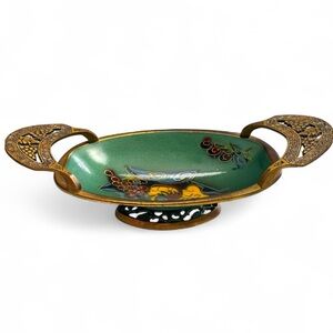 Vintage Mid Century Brass & Green Enamel Wall Hanging or Dish Made in Israel